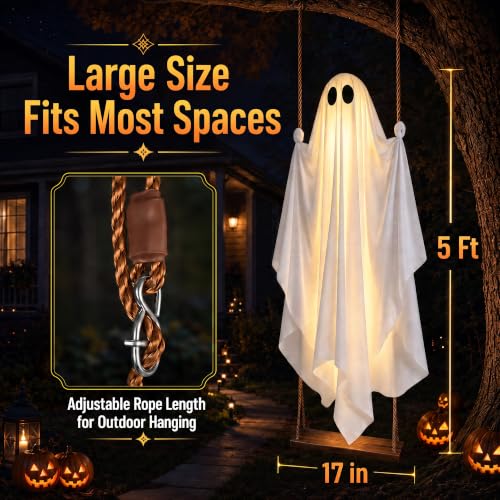 Large 5FT Hanging Ghost Decor with Remote Lights for Halloween Outdoors