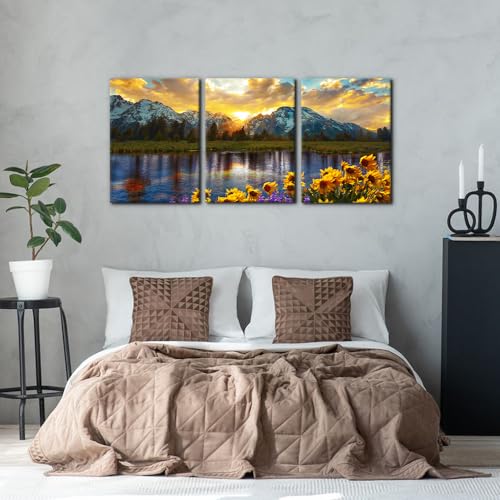 Mountain Canvas Wall Art Set - 3 Panels 20x28 Sunflower Landscape Framed Decor - Variation Wallart-12