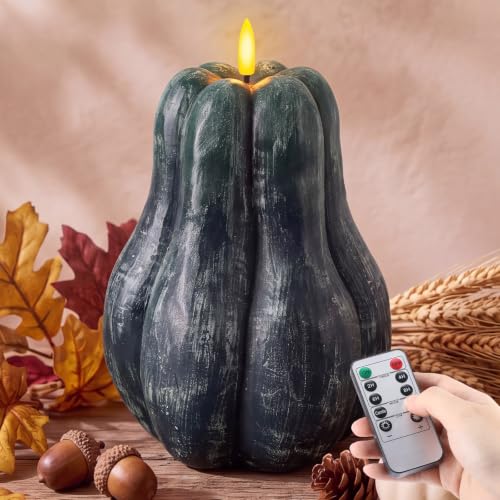 Extra Large Green Flameless Pumpkin Candle - Fall Decor, 8.3'' with Remote