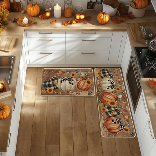 Wood Bead Pumpkin Fall Kitchen Mats Set of 2 - Non-Slip Decorative Home Decor