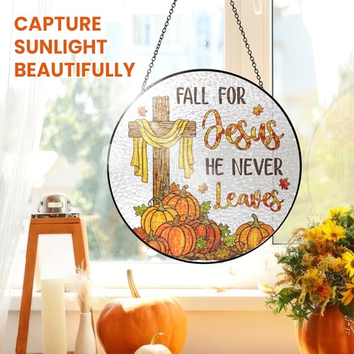 Amber Faith Autumn Stained Glass Window Hanging - 8in Christian Sun Catcher