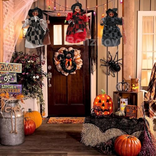 Halloween Witch Ornaments Set - 3pcs 8-Inch Haunted House Decorations with Broom & Base