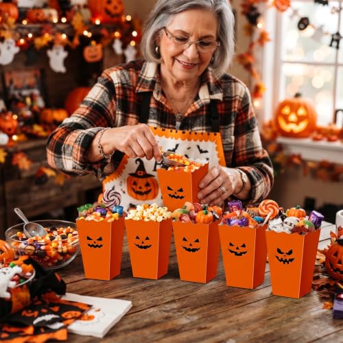 Halloween Popcorn Buckets - 100 Pcs Pumpkin Face Snack Boxes for Parties