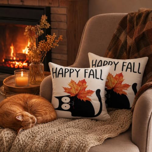 Cat Fall Pillow Covers 20x20 Pack of 2 - Autumn Colors Watercolor Design