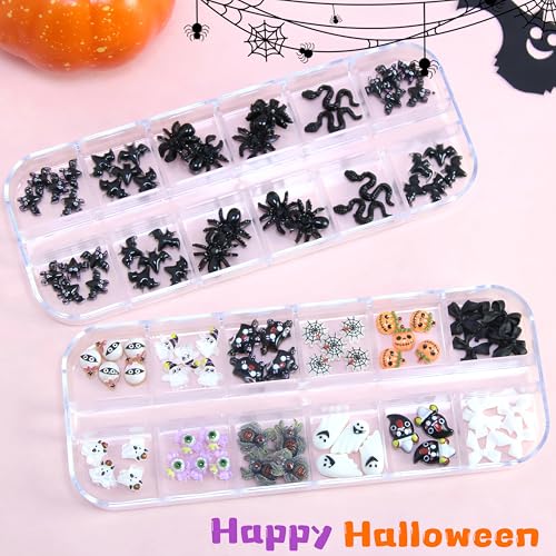 Halloween Pumpkin Bats Nail Charms Rhinestones Set - Orange, 12 Grids for DIY Nail Art