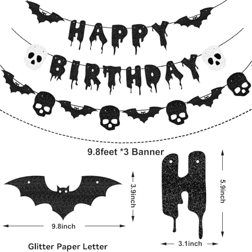 Halloween Birthday Banner with Bat & Skull Decorations - Black Glitter Party Decor