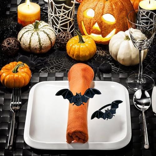 Halloween Napkin Rings Set of 6 - Black Bat Design, Size 4, Spooky Table Decor