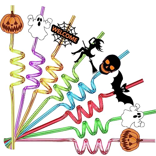 Halloween Crazy Straws Set - 24pcs with Pumpkin Ghost Bat Designs & 8 Colors + 2 Brushes