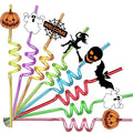 Halloween Crazy Straws Set - 24pcs with Pumpkin Ghost Bat Designs & 8 Colors + 2 Brushes