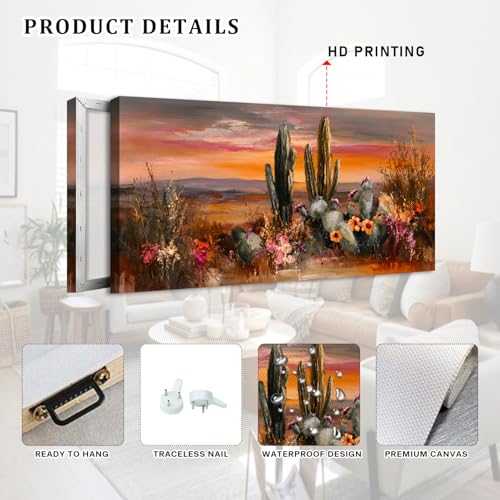 48-Inch Desert Cactus Wall Art Canvas Sunset Landscape Decor - Southwest Style