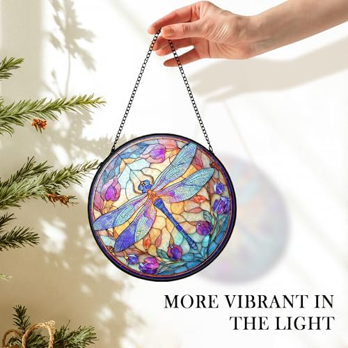 Dragonfly Suncatcher - Stained Glass Window Hanging Decor, 7.9 Inch Garden Wall Art