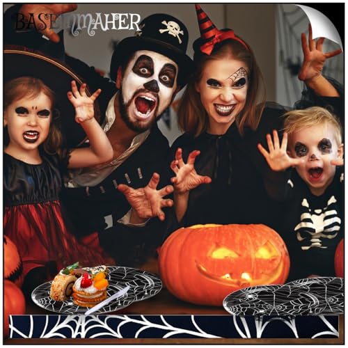 Halloween Spider Web Paper Plates Set - Disposable Black & White Party Dinnerware for 12
