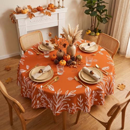 Fall Leaf Round Tablecloth 90 Inch - Autumn Leaves and Wild Flowers, Stain Resistant Washable Fabric, Fall Decor
