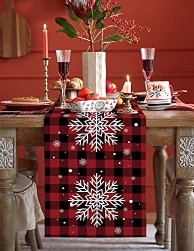 13 x 90 Inch Christmas Table Runner - Red Black Buffalo Plaid Snowflake Decor