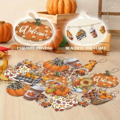 Fall Tree Decorations Gnome Truck Pumpkin Maple Leaf Wooden Hangings - Orange-4