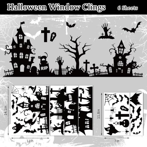 Halloween Silhouette Window Clings - Black Castle, Bat & Graveyard Design - Reusable Spooky Decor - 6 Sheets