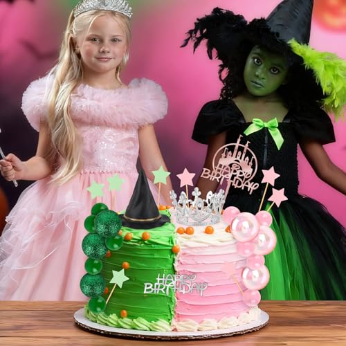 Witch Theme Cake Decorations Set with Crown Hat Balloons - Pink & Green - 33 Pack - Witch Variation