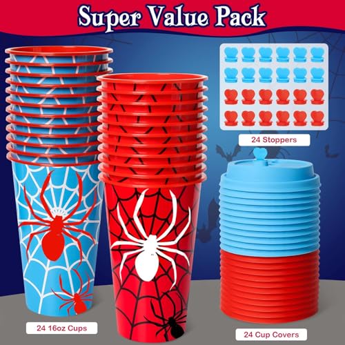24 Pack Halloween Spider Web Plastic Party Cups with Lids - Reusable Kids Birthday Favors