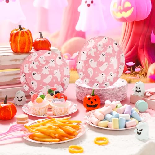 FillTouch 100 Pack Pink Halloween Ghost Paper Plates 7 Inch Disposable Partyware - Pink, Ghost, 7 Inch