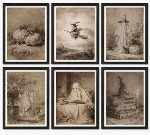Sketch Halloween Wall Art Set - Unframed 16x12 Inches, Vintage Gothic Style