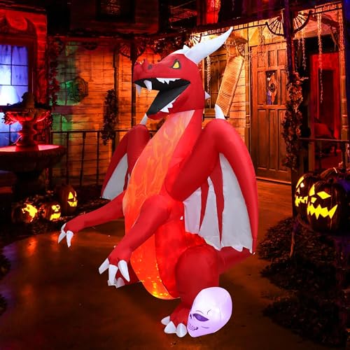 8FT Halloween Inflatable Red Dragon with Flame Lamp - Outdoor Yard Decoration