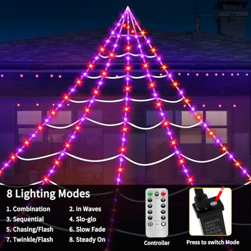 Halloween Outdoor Spider Web Lights with 350 LEDs & Giant Spider - Purple & Orange, 23Ft Web with 6.6Ft Spider, Waterproof & Timer