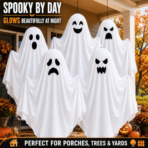 Halloween LED Hanging Ghost Decorations Set with Timer - Outdoor Indoor Party Lights
