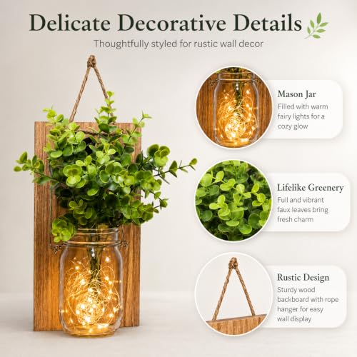 2-Pack Rustic Mason Jar Wall Sconces with LED Fairy Lights & Green Plants