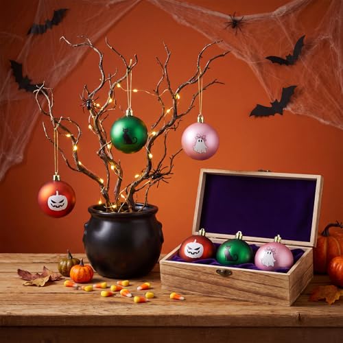 Halloween Ball Ornaments Set - 15 Pcs 2.36 Inch Dark Green Pink Orange Decorations