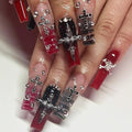 MISUD Long Square Press On Nails with Cross Design - Goth Red Black, 24 pcs + Glue - Variation 020A00Red&Black