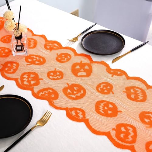Halloween Pumpkin Lace Table Runner 13x72 Inch for Fall & Holiday Decor
