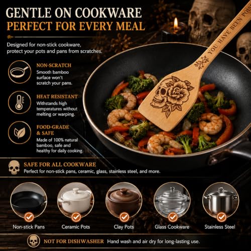 Skull Wooden Cooking Spoons Set - Gothic Halloween Kitchen Utensils, 5-Piece