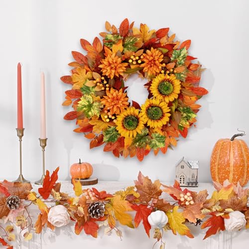 Autumn Sunflower Wreath 22 Inch Fall Door Decor - Orange