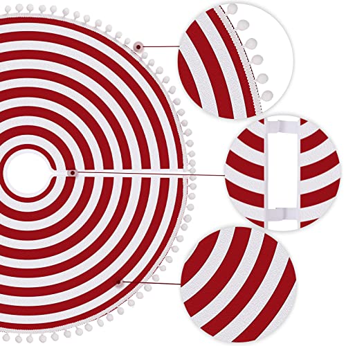 Christmas Tree Skirt 48 Inch Red White Rings with Pom Pom Trim - HOHOTIME Variation