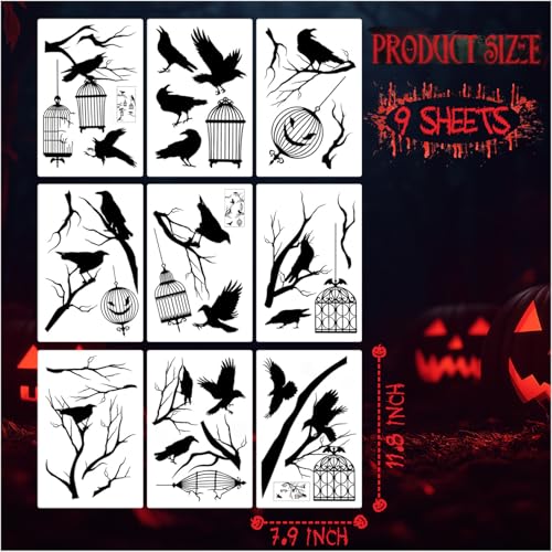 Halloween Window Bird Decals - Gothic Crow Stickers for Glass, 9 Sheets - Black Halloween Bird Variation
