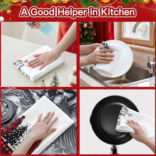Christmas Buffalo Plaid Kitchen Towels Set of 2 - Black & Red Tree Pattern, 18x26 Inches