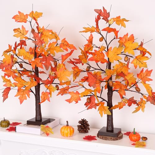 Huyamap 2 Pack 24-Inch Fall Maple Tree Lights with Pumpkin Acorns & Lampshades, Indoor Thanksgiving Decor - Style 2