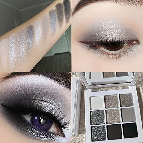 Shimmer & Matte Eyeshadow Palette - 9 Black Silver Gray Glitter & Matte Set - Halloween Makeup