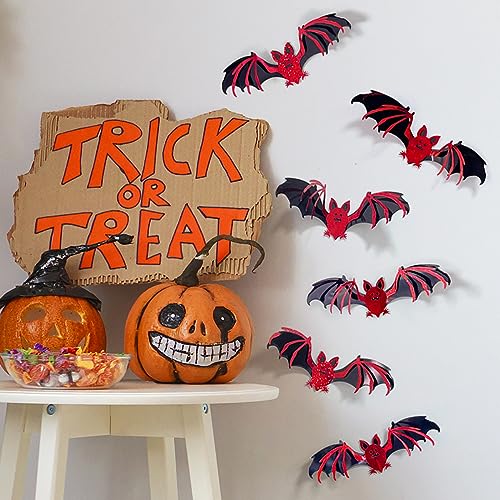 Halloween Bats Wall Stickers - Red & Black 3D Double Layer Decor - Variation: Red Bats - 12 Pcs