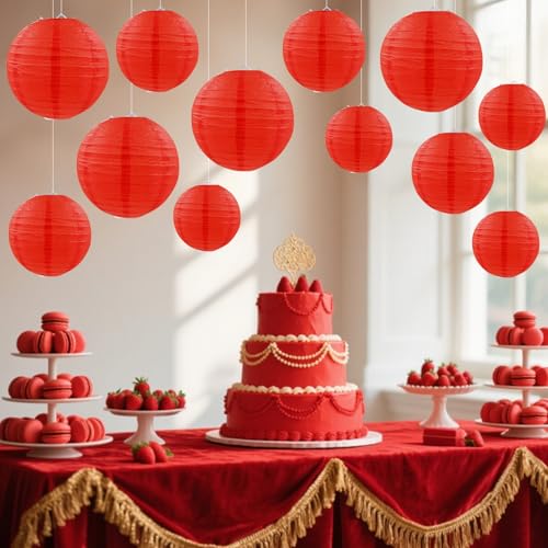 Red Paper Lanterns Set of 12 - Round Hanging Decorations for Weddings & Parties