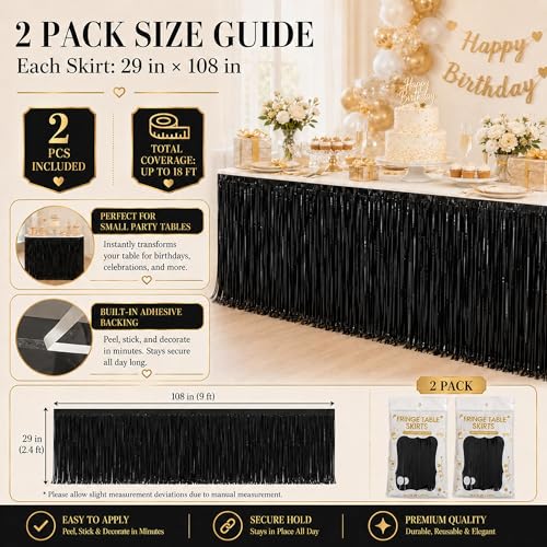 Black Foil Fringe Table Skirt - 2 Pack, 29x108 Inches, Metallic Tinsel Streamers