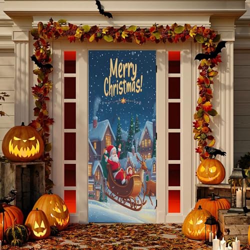 Christmas Santa Claus Door Cover - Outdoor Holiday Decoration 35 x 79 Inches