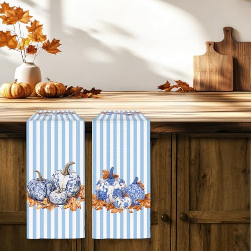 Blue Pumpkin Kitchen Towels Set of 2 - Chinoiserie Fall Dish Towels