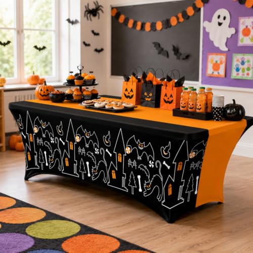 Halloween Gothic Castle Tablecloth 2 Pack - Black & Orange, 6 ft, Classic Halloween, Variation of THIS listing