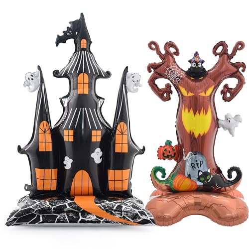 Halloween Standing Foil Balloons Set - Ghost Castle & Spooky Tree, 4ft, Helium-Free, Self-Standing Halloween Decorations with Variation Castle & Tree