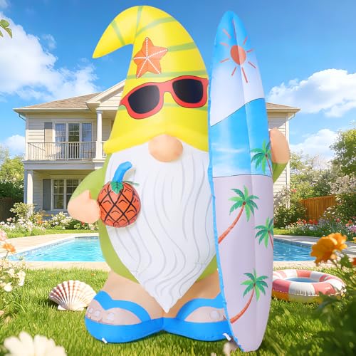 Inflatable Gnome Yard Decor with LED Lights, Surfboard & Pineapple - 5.2 FT Summer Outdoor Decoration