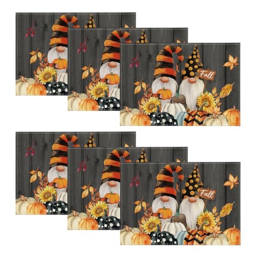Black Rectangular Fall Gnome Leaves Pumpkins Placemats Set of 6, 12 x 18 Inches