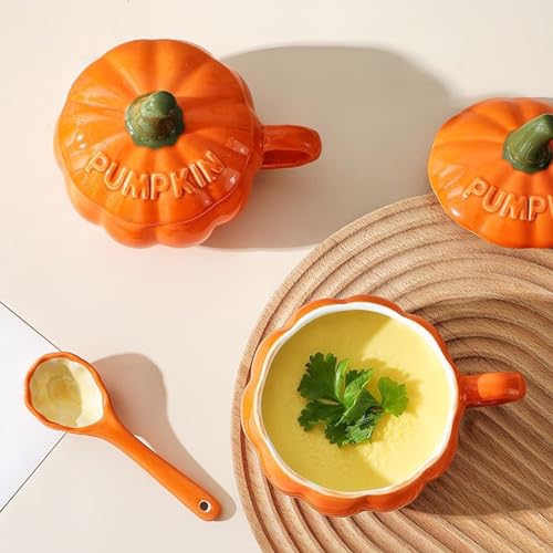 Halloween Pumpkin Coffee Mug with Lid and Spoon - Orange Ceramic Tea Cup - Fall Autumn Soup Bowl & Gift