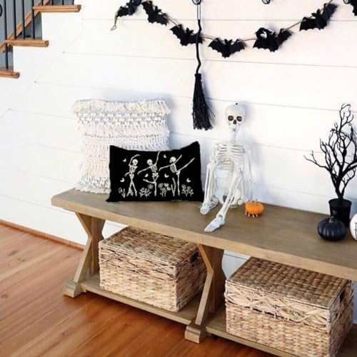 PANDICORN Halloween Dancing Skeleton Throw Pillow Cover 12x20 - Black & White