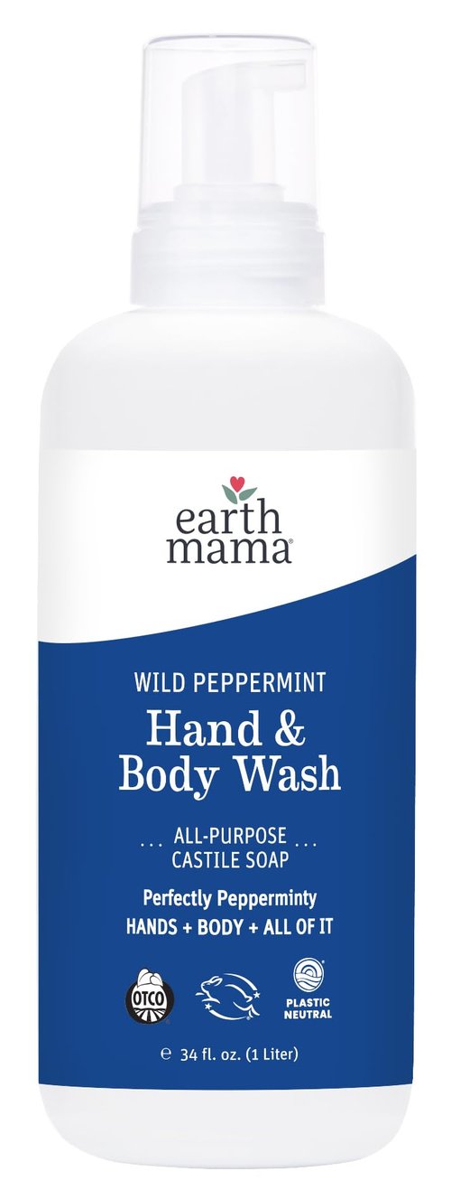 Earth Mama Wild Peppermint Hand & Body Wash | Foaming Castile Soap Liquid and Hand Soap, Made with Organic Wild Mint & Peppermint Oil, 34 fl oz